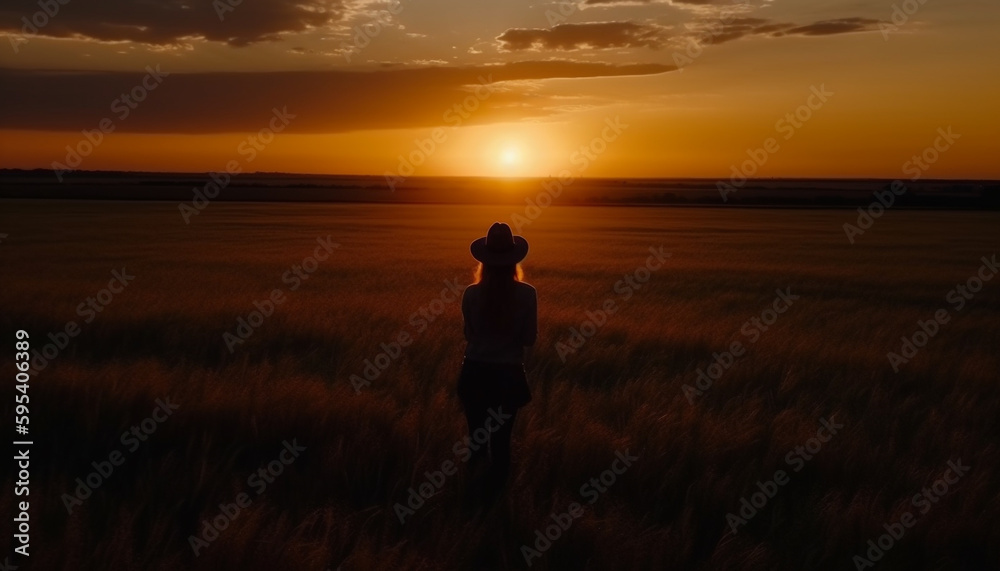Silhouette of one person meditating in meadow generated by AI