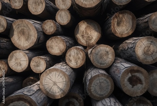 Wood logs of fruit trees cherry  pear  apple closeup. Trimming garden in spring. Preparation of firewood for the winter. Generative AI