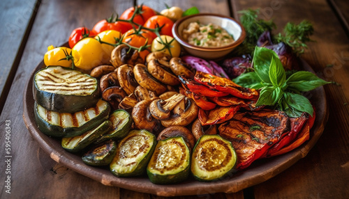 Grilled meat and vegetables on rustic crockery generated by AI