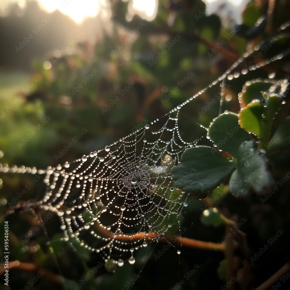 a spider web that has become wet hangs between leaves created with Generative AI technology
