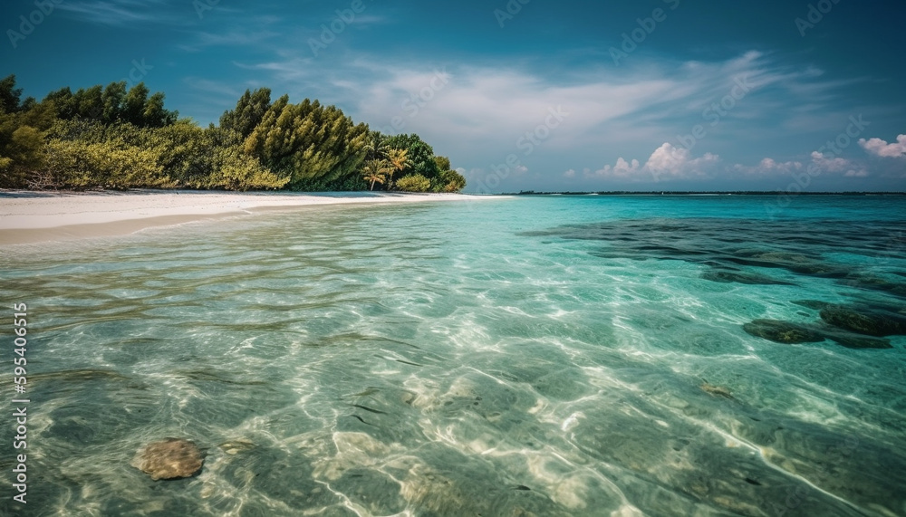 Fototapeta premium Tropical palm trees sway on turquoise waters generated by AI