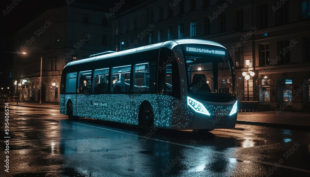 Double decker bus speeds through illuminated city streets generated by AI
