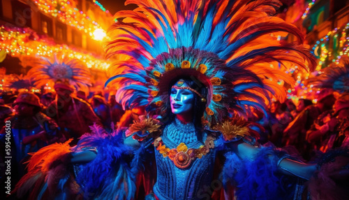 Colorful parade of samba dancers illuminates night generated by AI