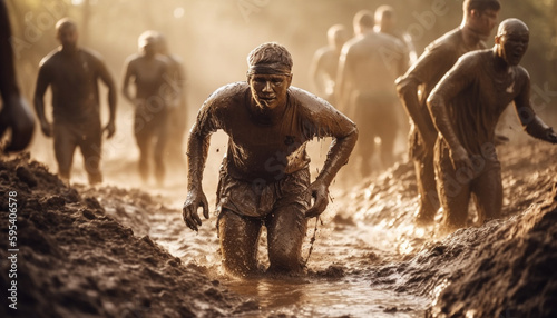 Muscular men race through mud, determination wins generated by AI photo