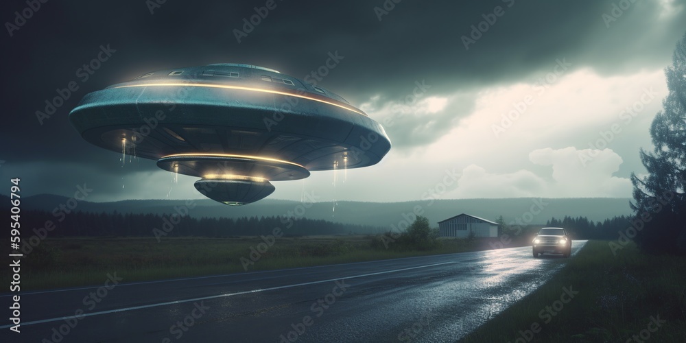 UFO. An alien saucer hovering motionless in the air. Unidentified flying object, alien invasion. Generative AI. Extraterrestrial life, space travel, spaceship mixed environment UFO. An alien saucer hovering motionless in the air. Unidentified flying object, alien invasion. Generative AI. Extraterrestrial life, space travel, spaceship mixed environment