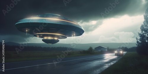 UFO. An alien saucer hovering motionless in the air. Unidentified flying object  alien invasion. Generative AI. Extraterrestrial life  space travel  spaceship mixed environment