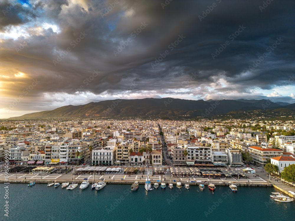 Fototapeta premium Aerial iconic sunset view over the port of Kalamata seaside city, Greece