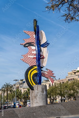 Barcelona, Spain-5 April 2023. Barcelona's Head, known as La Cabeza de Barcelona or La Cara de Barcelona is a sculpture by the American graphic artist Roy Lichtenstein. photo