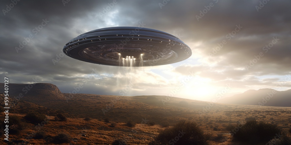 Fototapeta UFO. An alien saucer hovering motionless in the air. Unidentified flying object, alien invasion. Generative AI. Extraterrestrial life, space travel, spaceship mixed environment
