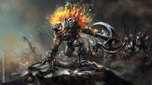 Leinwand Poster At the head of the army is a fiery tiger warrior, in armor and with a large ax, his fur is on fire, he growls furiously