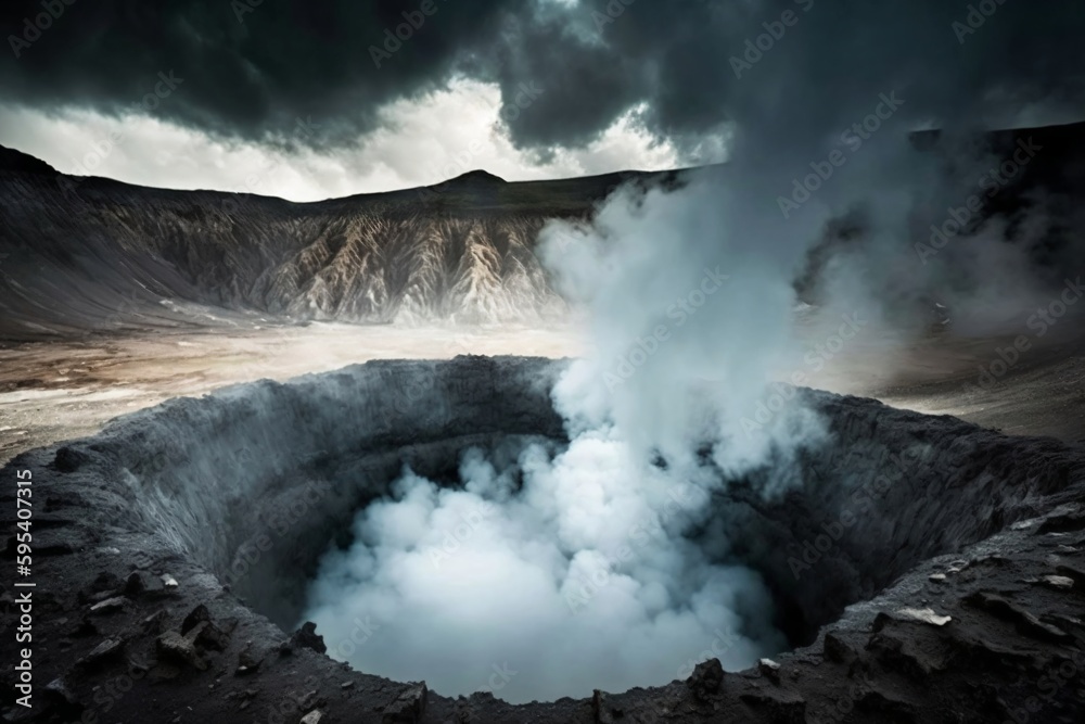large steaming crater in a mountain range created with Generative AI technology