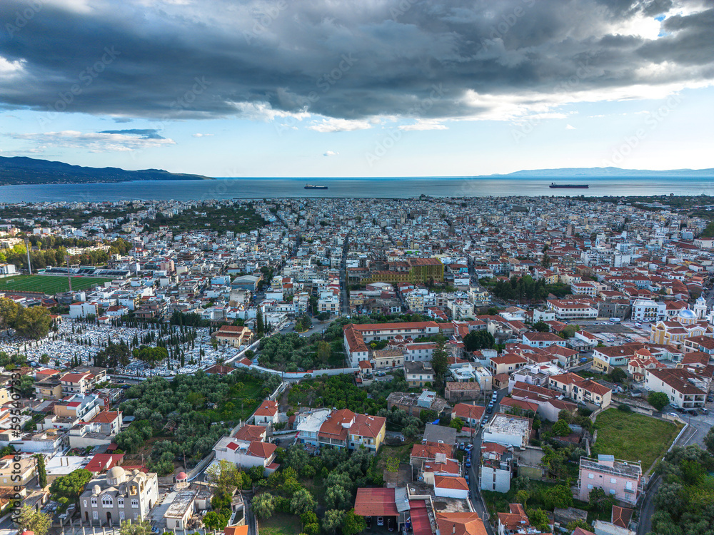 Aerial view over The old historical center of Kalamata seaside city, Greece by the Castle of Kalamata