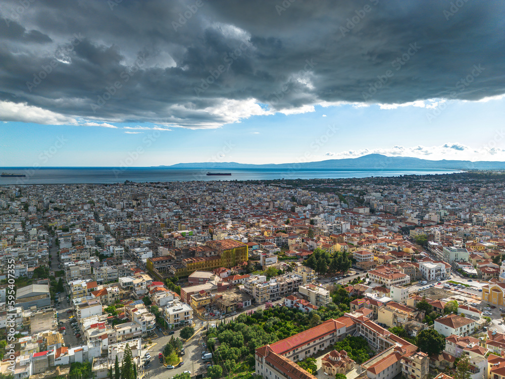 Aerial view over The old historical center of Kalamata seaside city, Greece by the Castle of Kalamata