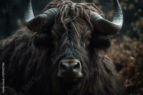 An animal known for its long hair and large horns. Generative AI