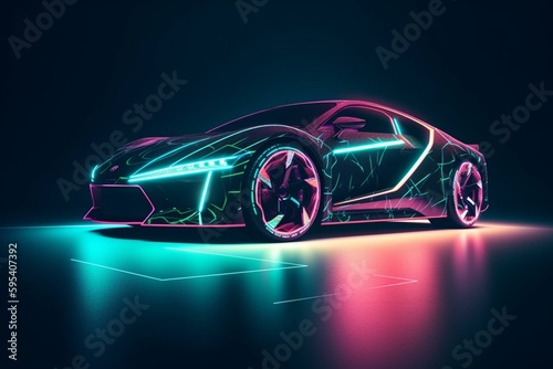 Sports car with neon laser on futuristic background. Generative AI