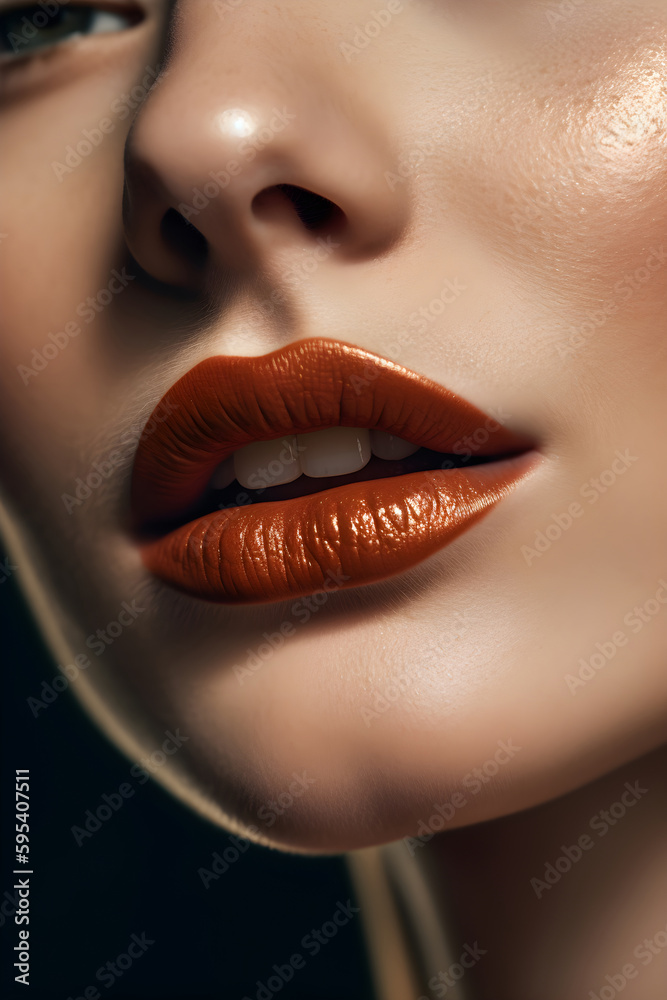 Obraz premium Close up lips, clean skin, make up cosmetic, generative ai.