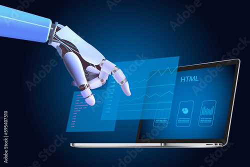 Artificial intelligence technologies . Robot hand using external screen interface, innovation, analytics, programming, software