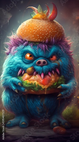 Fluffy Cute Monster Eating Burger. Generative ai