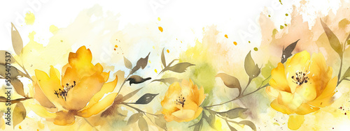 watercolor illustration of yellow flowers in wide border - Generative AI 