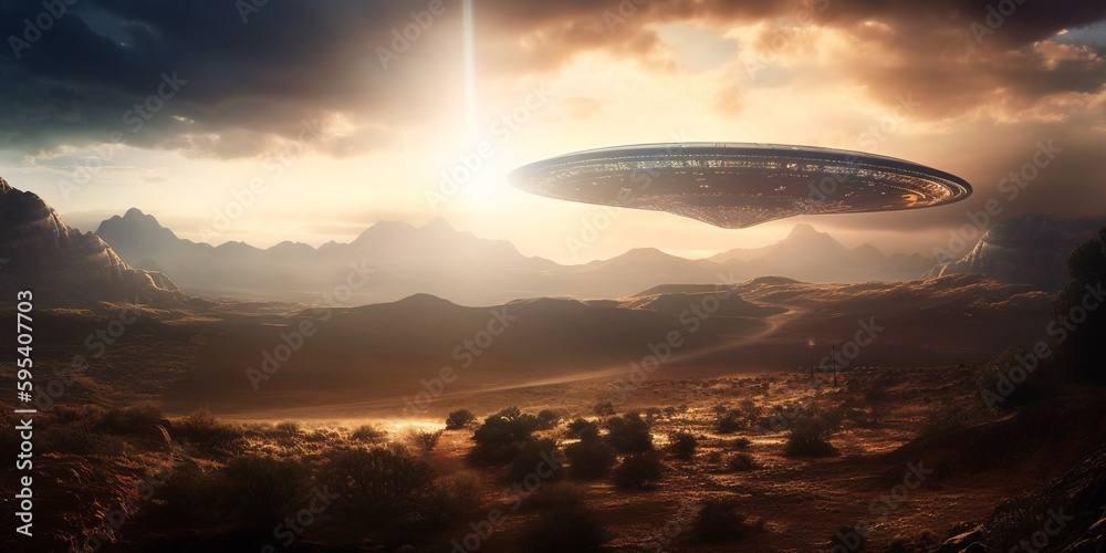UFO. An alien saucer hovering motionless in the air. Unidentified flying object, alien invasion. Generative AI. Extraterrestrial life, space travel, spaceship mixed environment UFO. An alien saucer hovering motionless in the air. Unidentified flying object, alien invasion. Generative AI. Extraterrestrial life, space travel, spaceship mixed environment