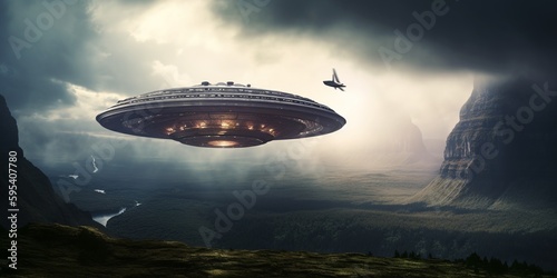 UFO. An alien saucer hovering motionless in the air. Unidentified flying object, alien invasion. Generative AI. Extraterrestrial life, space travel, spaceship mixed environment