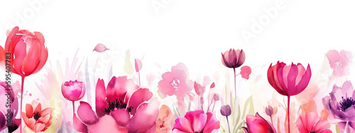 watercolor illustration of  redish pink colorful flowers in wide border - Generative AI 