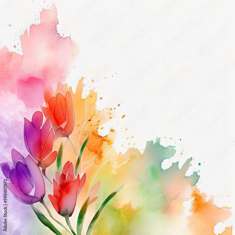 watercolor illustration of colorful tulip flowers in wide border - Generative AI 