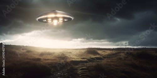 UFO. An alien saucer hovering motionless in the air. Unidentified flying object, alien invasion. Generative AI. Extraterrestrial life, space travel, spaceship mixed environment