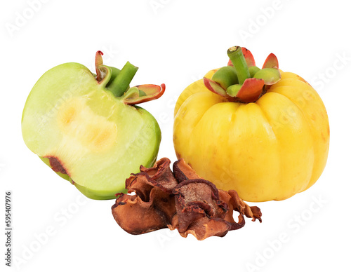 Dried slices and fresh garcinia fruits on transparent background. photo