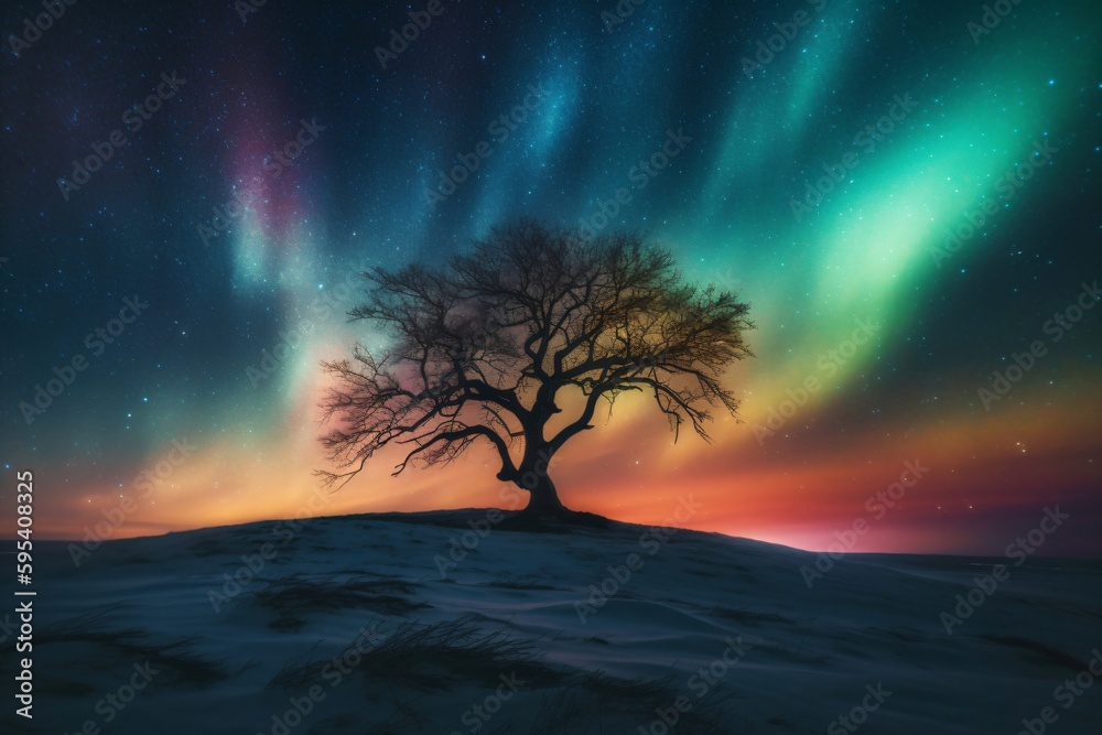 a tree stands in a snow covered landscape the sky shines in colorful colors created with Generative AI technology