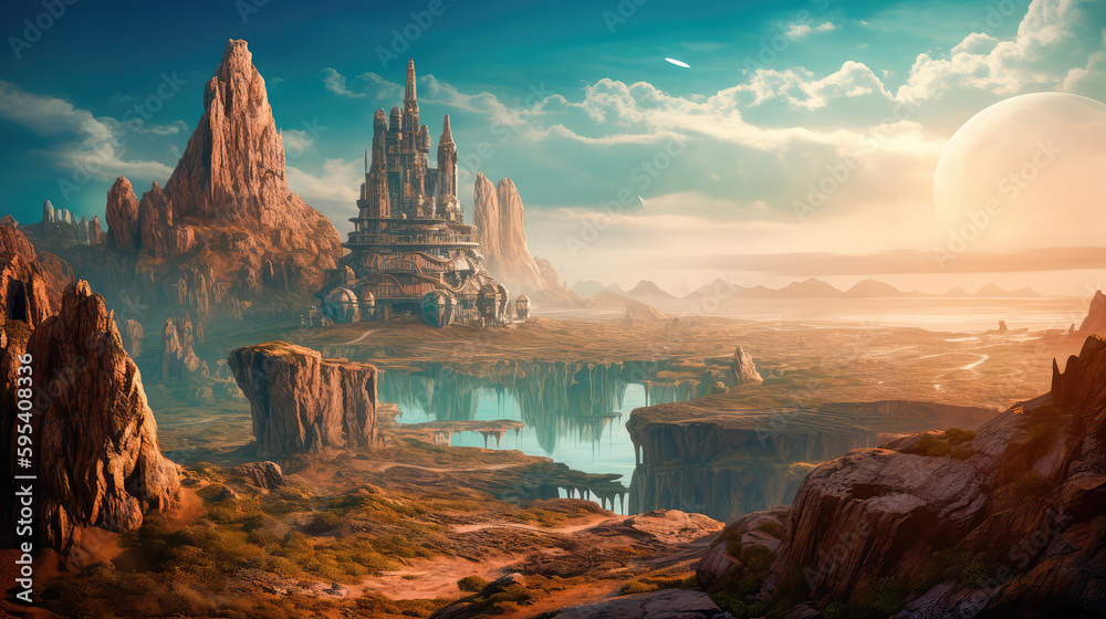 Alien planet with fantastic landscapes, and enchanted castles. Generative AI