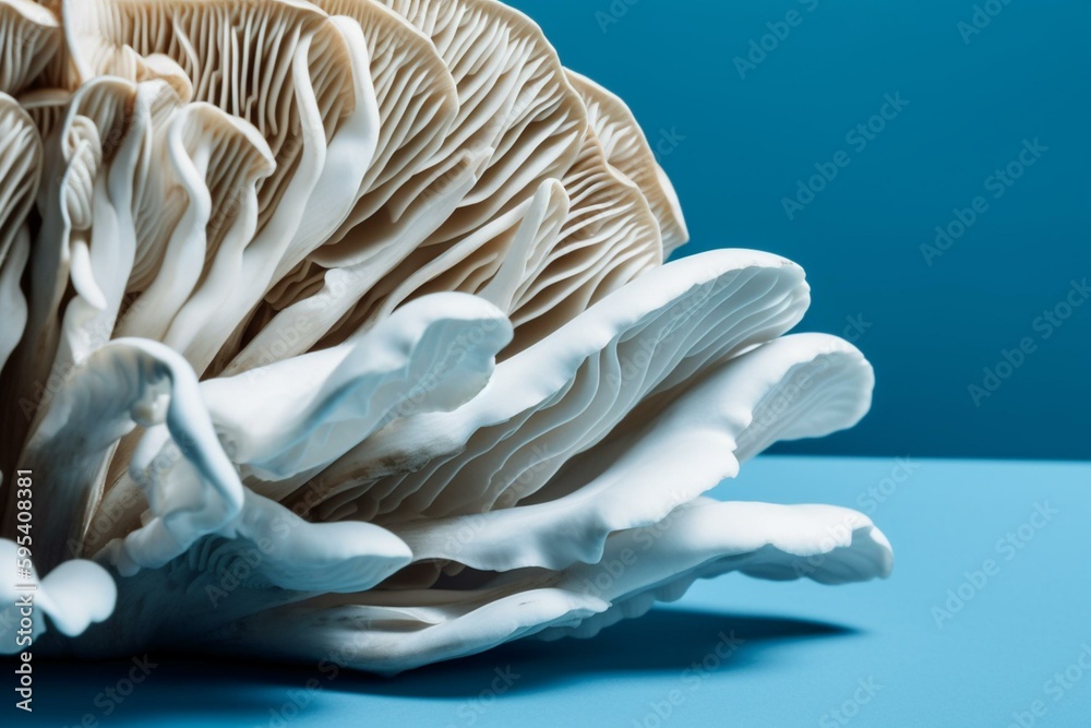 Oyster mushrooms up close on light blue background viewed from bottom