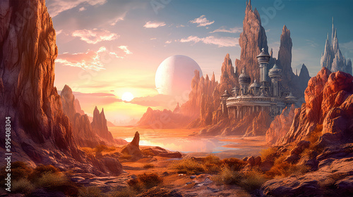 Alien planet with fantastic landscapes, and enchanted castles. Generative AI © keks20034