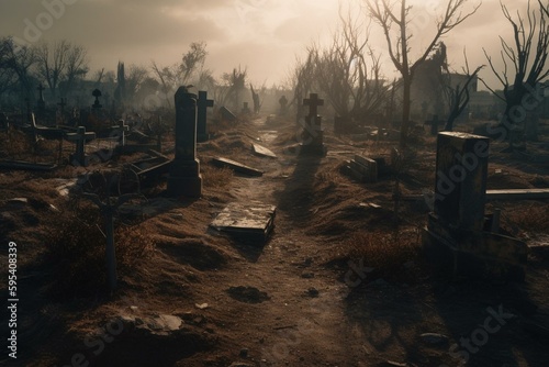 An image of graves during a catastrophic plague outbreak resulting in death and an apocalypse. Generative AI