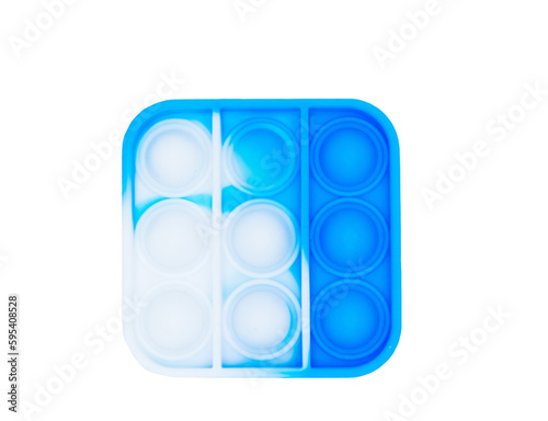 Top view of isolated blue and white fidget toy (bubble wrap - style popper) against a blank background