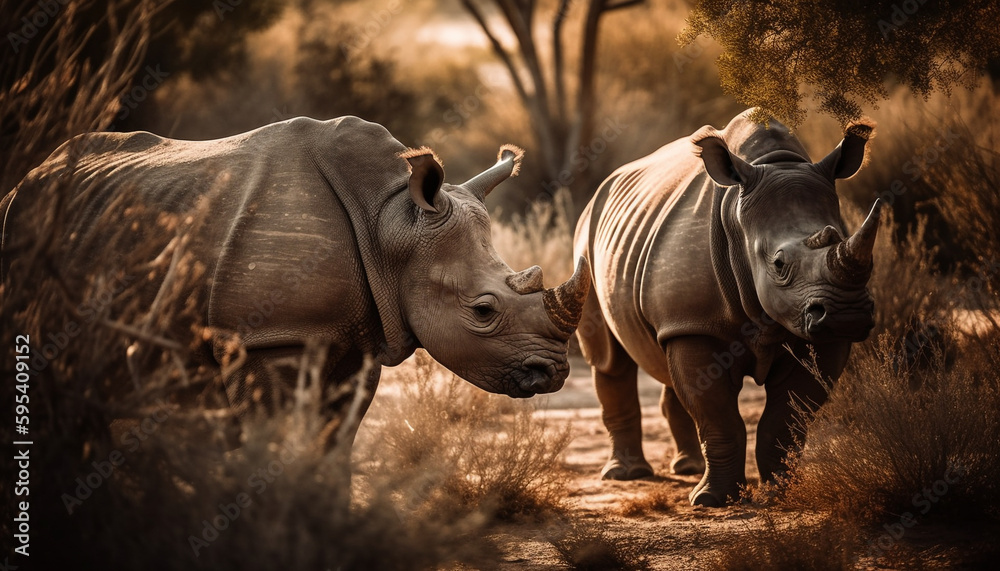 Obraz premium Large herbivorous mammals graze in African wilderness generated by AI