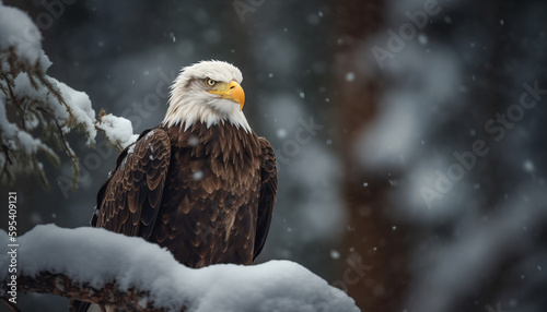 Majestic bald eagle perched, eye focused on prey generated by AI