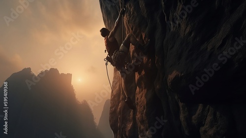 Fearless man climbing a mountain