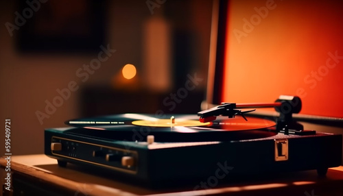 Old gramophone playing in dark nightclub party generated by AI