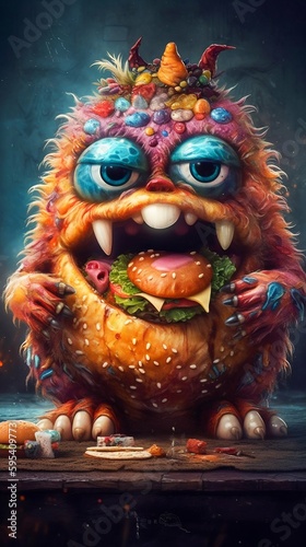 Fluffy Cute Monster Eating Burger. Generative ai © Scrudje