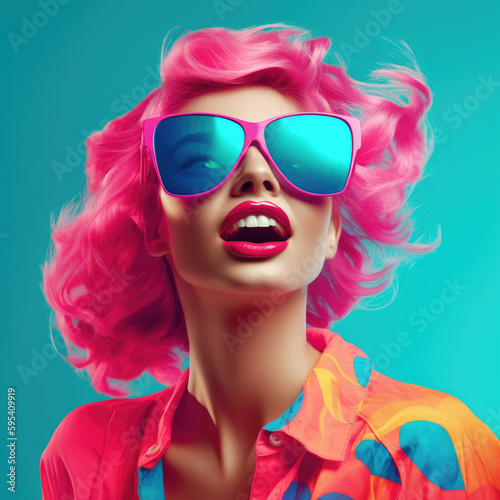 Funny girl with pink hair wearing huge amazing sunglasses. Fashion summer digital picture. Generative AI