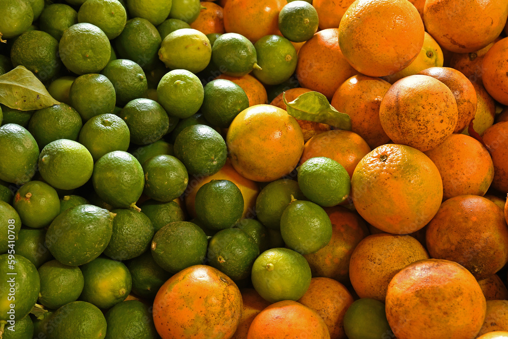 Close up of many citrus limes and oranges mixed together on display. Close up of many citrus limes and oranges mixed together on display.