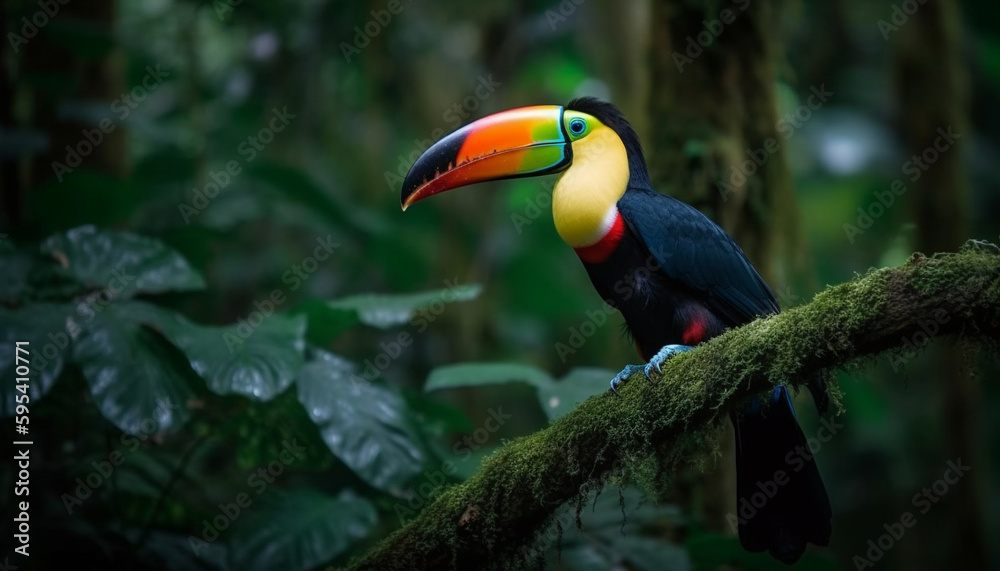 Obraz premium Colorful toucan perching on leaf in rainforest generated by AI