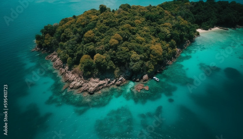 High above, turquoise waters meet sand beaches generated by AI