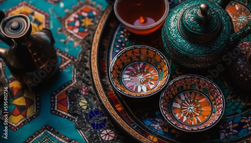 Turkish pottery ornamented with antique Arabic patterns generated by AI