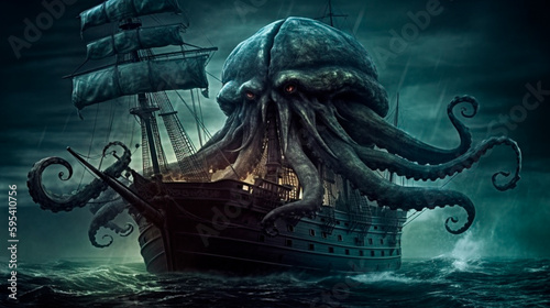 A giant octopus kraken monster attacking a pirate ship in the dark ocean. Generative AI © Aram