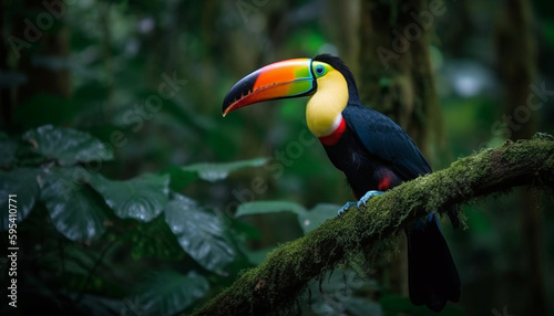 Colorful toucan perching on leaf in rainforest generated by AI