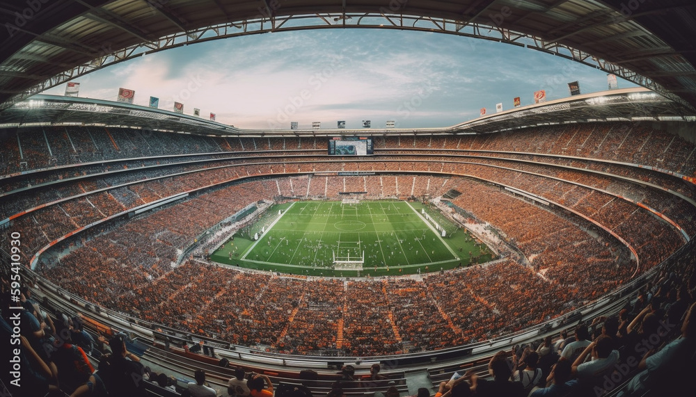 Obraz premium Crowded bleachers cheer successful championship team performance outdoors generated by AI
