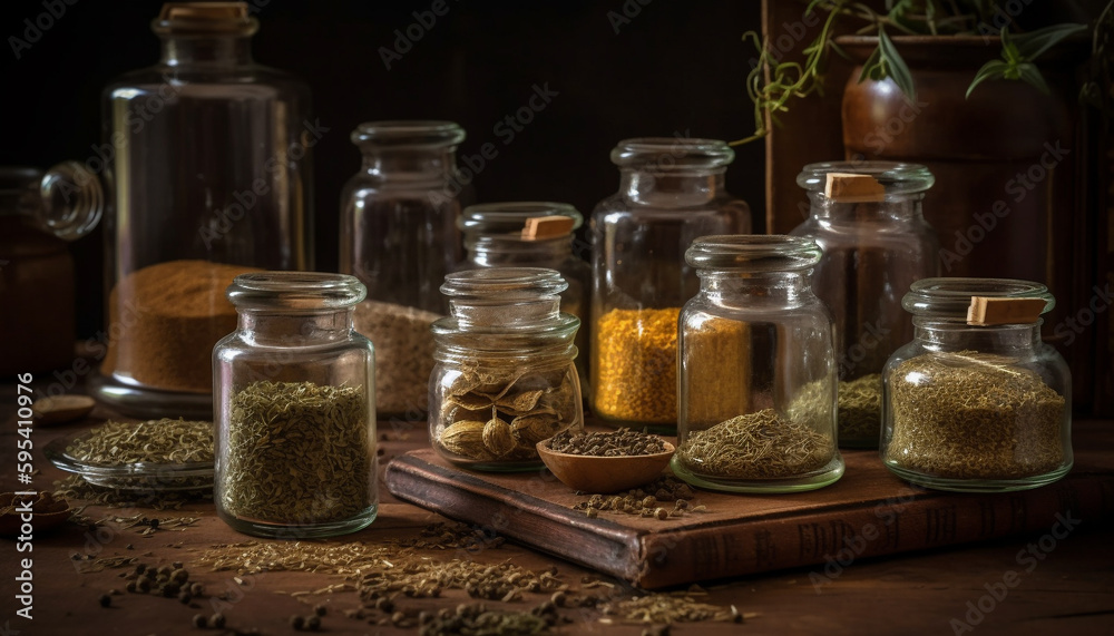 Fresh organic herbs and spices in glass jar generated by AI Fresh organic herbs and spices in glass jar generated by AI