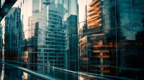 Background of future urban and corporate architecture. Real estate idea with bokeh, motion blur, and a reflection in a glass panel of a skyscraper facade. Generative AI
